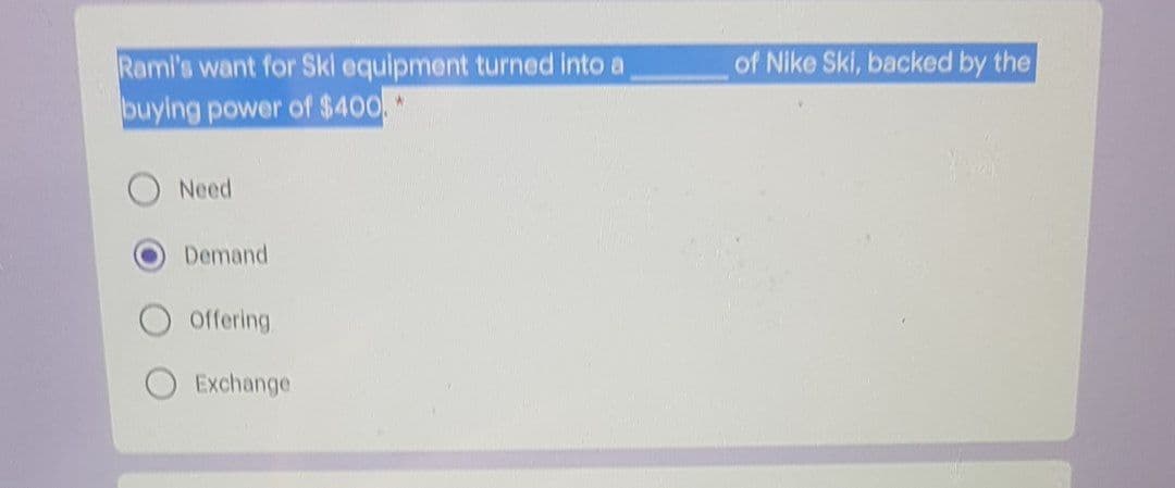 Raml's want for Skl equipment turned into a
buying power of $400*
of Nike Ski, backed by the
Need
Demand
Offering,
Exchange
