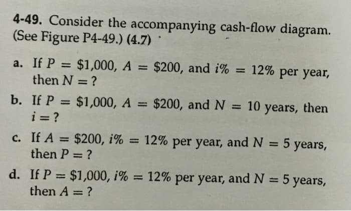 4-49. Consider the accompanying cash-flow diagram.
(See Figure P4-49.) (4.7)
a. If P = $1,000, A = $200, and i% = 12% per year,
then N = ?
%3D
%3D
%3D
b. If P = $1,000, A =
i = ?
$200, and N = 10 years, then
c. If A $200, i% =
then P = ?
12% per year, and N = 5
%3D
%3D
%3D
= 12% per year, and N = 5 years,
d. If P = $1,000, i%
then A = ?
%3D
%3D
