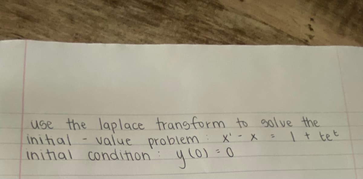 use the laplace transform to solve the
1+ tet
initial value problem
value problem: x'- x
y (0) = 0
initial condition
-