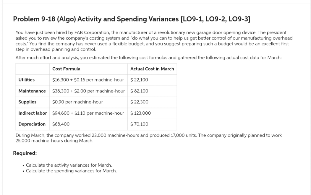 Problem 9-18 (Algo) Activity and Spending Variances [LO9-1, LO9-2, LO9-3]
You have just been hired by FAB Corporation, the manufacturer of a revolutionary new garage door opening device. The president
asked you to review the company's costing system and "do what you can to help us get better control of our manufacturing overhead
costs." You find the company has never used a flexible budget, and you suggest preparing such a budget would be an excellent first
step in overhead planning and control.
After much effort and analysis, you estimated the following cost formulas and gathered the following actual cost data for March:
Cost Formula
Actual Cost in March
$ 22,100
$ 82,100
$ 22,300
$ 123,000
$ 70,100
Utilities
Maintenance
$16,300 + $0.16 per machine-hour
$38,300+ $2.00 per machine-hour
$0.90 per machine-hour
Supplies
Indirect labor $94,600+ $1.10 per machine-hour
Depreciation $68,400
During March, the company worked 23,000 machine-hours and produced 17,000 units. The company originally planned to work
25,000 machine-hours during March.
Required:
• Calculate the activity variances for March.
• Calculate the spending variances for March.