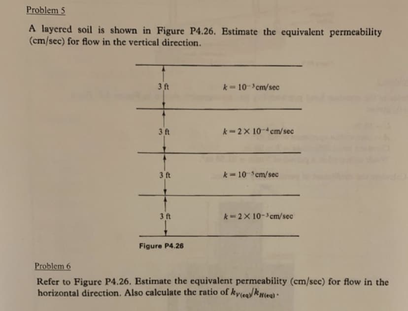 Problem 5
A layered soil is shown in Figure P4.26. Estimate the equivalent permeability
(cm/sec) for flow in the vertical direction.
3 ft
3 ft
3 ft
3 ft
Figure P4.26
k= 10-3cm/sec
k=2 x 10 cm/sec
k= 10-5cm/sec
k=2x 10-³ cm/sec
Problem 6
Refer to Figure P4.26. Estimate the equivalent permeability (cm/sec) for flow in the
horizontal direction. Also calculate the ratio of ky(eq)/kH(eq) •