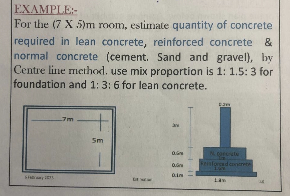 EXAMPLE:-
For the (7 X 5)m room, estimate quantity of concrete
required in lean concrete, reinforced concrete &
normal concrete (cement. Sand and gravel), by
Centre line method. use mix proportion is 1: 1.5: 3 for
foundation and 1: 3: 6 for lean concrete.
6 February 2023
-7m -
5m
Estimation
3m
0.6m
0.6m
0.1m
0.2m
N. concrete
1m
Reinforced concrete
1.6m
1.8m
46