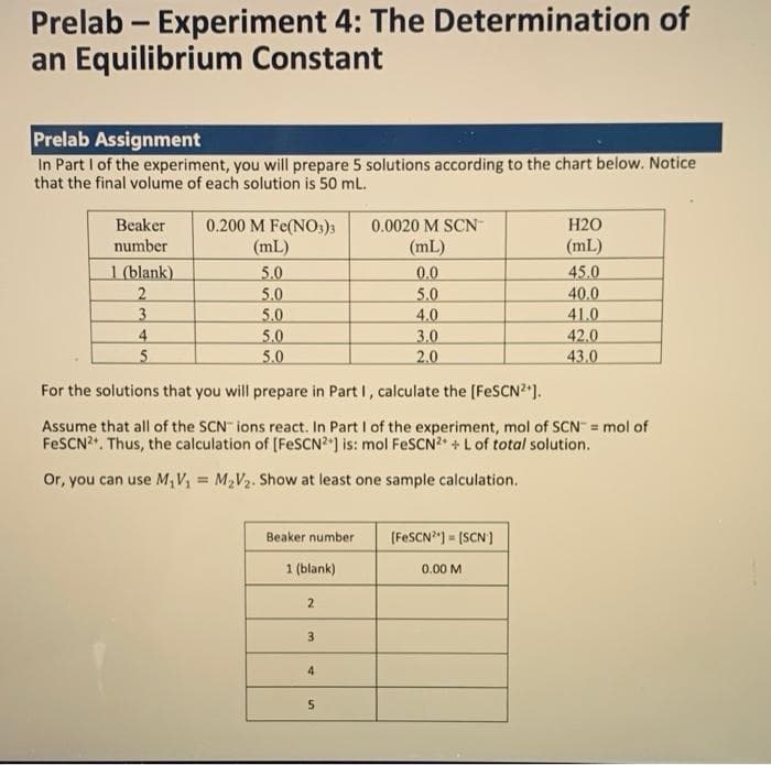 Prelab - Experiment 4: The Determination of
an Equilibrium Constant
Prelab Assignment
In Part I of the experiment, you will prepare 5 solutions according to the chart below. Notice
that the final volume of each solution is 50 mL.
0.200 M Fe(NO3)3
0.0020 M SCN™
H20
Beaker
number
(mL)
(mL)
(mL)
1 (blank)
5.0
0.0
45.0
2
5.0
5.0
40.0
3
5.0
4.0
41.0
4
5.0
3.0
42.0
5
5.0
2.0
43.0
For the solutions that you will prepare in Part I, calculate the [FeSCN²*].
Assume that all of the SCN ions react. In Part I of the experiment, mol of SCN = mol of
FeSCN2+. Thus, the calculation of [FeSCN2+] is: mol FeSCN²+ + L of total solution.
Or, you can use M₁ V₁ = M₂V₂. Show at least one sample calculation.
Beaker number
[FeSCN²] = [SCN]
1 (blank)
0.00 M
2
3
4
5