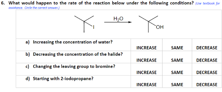 6. What would happen to the rate of the reaction below under the following conditions? (Use textbook for
assistance. Circle the correct answer.)
H₂O
Хон
a) Increasing the concentration of water?
b) Decreasing the concentration of the halide?
c) Changing the leaving group to bromine?
d) Starting with 2-iodopropane?
INCREASE
SAME
DECREASE
INCREASE
SAME
DECREASE
INCREASE
SAME
DECREASE
INCREASE
SAME
DECREASE