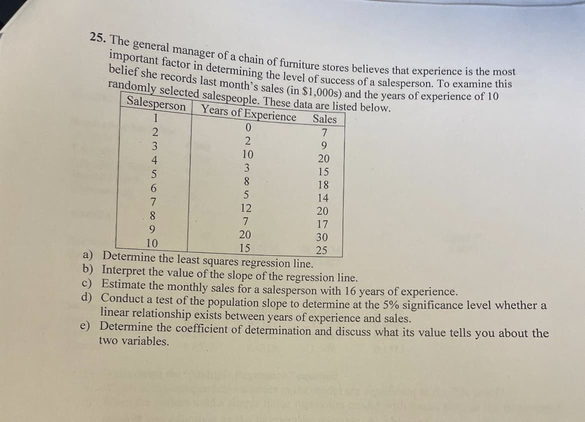 25. The general manager of a chain of furniture stores believes that experience is the most
important factor in determining the level of success of a salesperson. To examine this
belief she records last month's sales (in $1,000s) and the years of experience of 10
randomly selected salespeople. These data are listed below.
Salesperson Years of Experience
Sales
7
9
20
15
18
14
20
17
30
25
2
0
34567
223852125
8
9
10
10
7
20
a) Determine the least squares regression line.
b) Interpret the value of the slope of the regression line.
c) Estimate the monthly sales for a salesperson with 16 years of experience.
d) Conduct a test of the population slope to determine at the 5% significance level whether a
linear relationship exists between years of experience and sales.
e)
Determine the coefficient of determination and discuss what its value tells you about the
two variables.