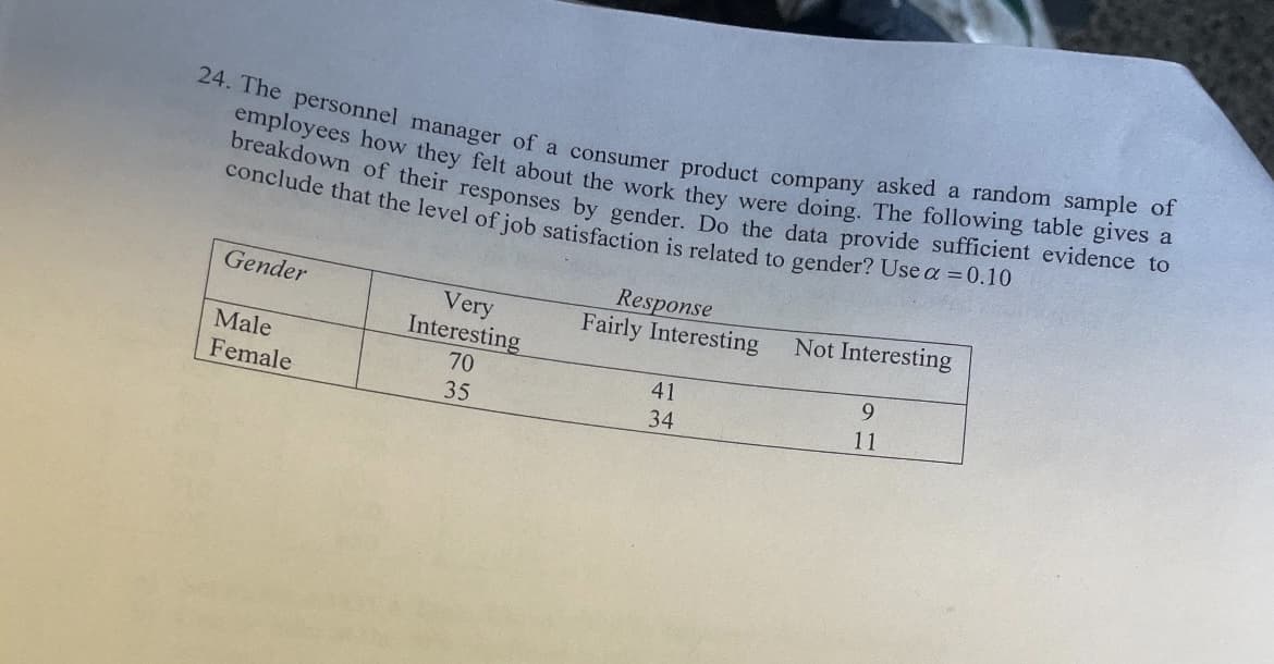 24. The personnel manager of a consumer product company asked a random sample of
employees how they felt about the work they were doing. The following table gives a
breakdown of their responses by gender. Do the data provide sufficient evidence to
conclude that the level of job satisfaction is related to gender? Use a = 0.10
Gender
Male
Female
Very
Interesting
70
35
Response
Fairly Interesting
41
34
Not Interesting
9
11