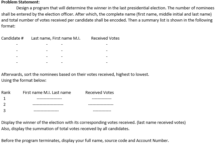 Problem Statement:
Design a program that will determine the winner in the last presidential election. The number of nominees
shall be entered by the election officer. After which, the complete name (first name, middle initial and last name)
and total number of votes received per candidate shall be encoded. Then a summary list is shown in the following
format:
Candidate # Last name, First name M.I.
Received Votes
Afterwards, sort the nominees based on their votes received, highest to lowest.
Using the format below:
Rank
First name M.I. Last name
Received Votes
1.
2
3
Display the winner of the election with its corresponding votes received. (last name received votes)
Also, display the summation of total votes received by all candidates.
Before the program terminates, display your full name, source code and Account Number.
