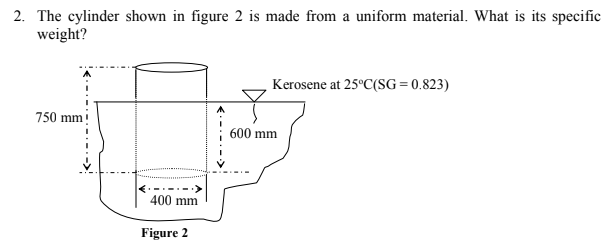 2. The cylinder shown in figure 2 is made from a uniform material. What is its specific
weight?
Kerosene at 25°C(SG=0.823)
750 mmi
600 mm
400 mm
Figure 2
