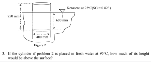 Kerosene at 25°C(SG =0.823)
750 mm
600 mm
400 mm
Figure 2
3. If the cylinder if problem 2 is placed in fresh water at 95°C, how much of its height
would be above the surface?
