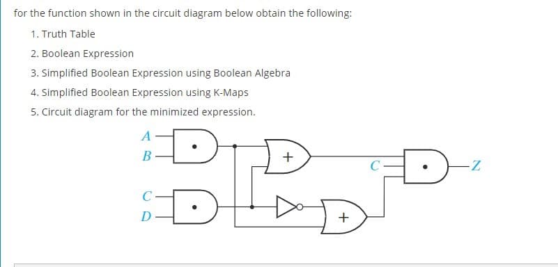 for the function shown in the circuit diagram below obtain the following:
1. Truth Table
2. Boolean Expression
3. Simplified Boolean Expression using Boolean Algebra
4. Simplified Boolean Expression using K-Maps
5. Circuit diagram for the minimized expression.
B-
+
+
