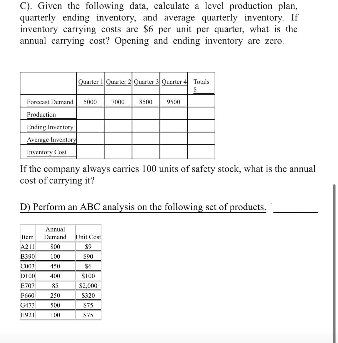 C). Given the following data, calculate a level production plan,
quarterly ending inventory, and average quarterly inventory. If
inventory carrying costs are $6 per unit per quarter, what is the
annual carrying cost? Opening and ending inventory are zero.
Quarter 1 Quarter 2| Quarter 3 Quarter 4
Totals
Forecast Demand
5000
7000
8500
9500
Production
Ending Inventory
Average Inventory
Inventory Cost
If the company always carries 100 units of safety stock, what is the annual
cost of carrying it?
D) Perform an ABC analysis on the following set of products.
Annual
Item
Demand
Unit Cost
A211
800
$9
B390
100
$90
C003
450
$6
D100
400
$100
E707
85
$2,000
F660
250
$320
G473
500
$75
Н921
100
$75
