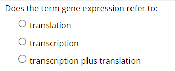 Does the term gene expression refer to:
O translation
O transcription
transcription plus translation