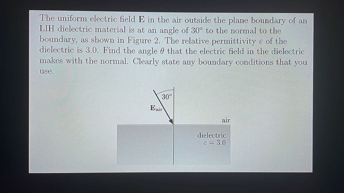 The uniform electric field E in the air outside the plane boundary of an
LIH dielectric material is at an angle of 30° to the normal to the
The relative permittivity & of the
dielectric is 3.0. Find the angle that the electric field in the dielectric
makes with the normal. Clearly state any boundary conditions that you
boundary, as shown in Figure 2.
use.
30°
Eair
air
dielectric
€ = 3.0