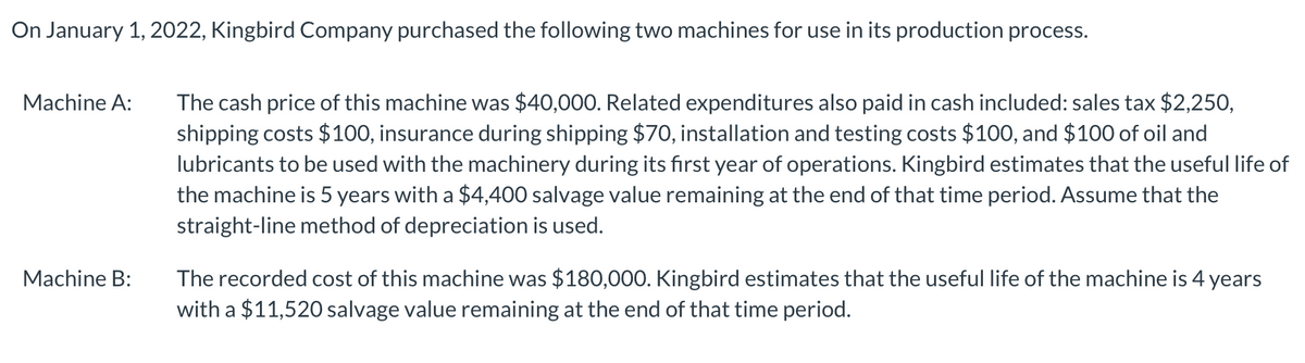 On January 1, 2022, Kingbird Company purchased the following two machines for use in its production process.
Machine A:
Machine B:
The cash price of this machine was $40,000. Related expenditures also paid in cash included: sales tax $2,250,
shipping costs $100, insurance during shipping $70, installation and testing costs $100, and $100 of oil and
lubricants to be used with the machinery during its first year of operations. Kingbird estimates that the useful life of
the machine is 5 years with a $4,400 salvage value remaining at the end of that time period. Assume that the
straight-line method of depreciation is used.
The recorded cost of this machine was $180,000. Kingbird estimates that the useful life of the machine is 4 years
with a $11,520 salvage value remaining at the end of that time period.
