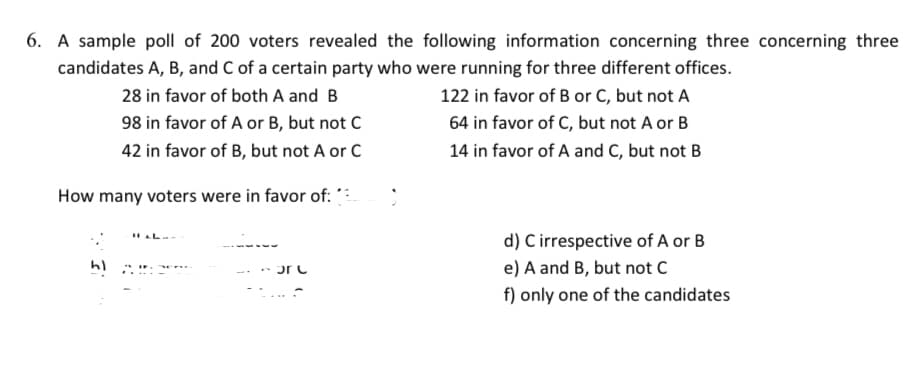 6. A sample poll of 200 voters revealed the following information concerning three concerning three
candidates A, B, and C of a certain party who were running for three different offices.
28 in favor of both A and B
122 in favor of B or C, but not A
64 in favor of C, but not A or B
98 in favor of A or B, but not C
42 in favor of B, but not A or C
14 in favor of A and C, but not B
How many voters were in favor of: *
HAL-
- or C
d) C irrespective of A or B
e) A and B, but not C
f) only one of the candidates