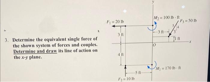 3. Determine the equivalent single force of
the shown system of forces and couples.
Determine and draw its line of action on
the x-y plane.
F₁ = 20 lb
3 ft
4 ft
F2=10 lb
5 ft
M₂=100 lb-ft
-3 ft-
F3 = 50 lb
M₁ = 170 lb-ft
X