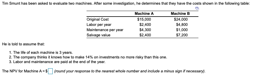 Tim Smunt has been asked to evaluate two machines. After some investigation, he determines that they have the costs shown in the following table:
Machine A
Machine B
Original Cost
Labor per year
$15,000
$2,400
$4,300
$2,400
$24,000
$4,800
$1,000
$7,200
Maintenance per year
Salvage value
He is told to assume that:
1. The life of each machine is 3 years.
2. The company thinks it knows how to make 14% on investments no more risky than this one.
3. Labor and maintenance are paid at the end of the year.
The NPV for Machine A = $ (round your response to the nearest whole number and include a minus sign if necessary).
