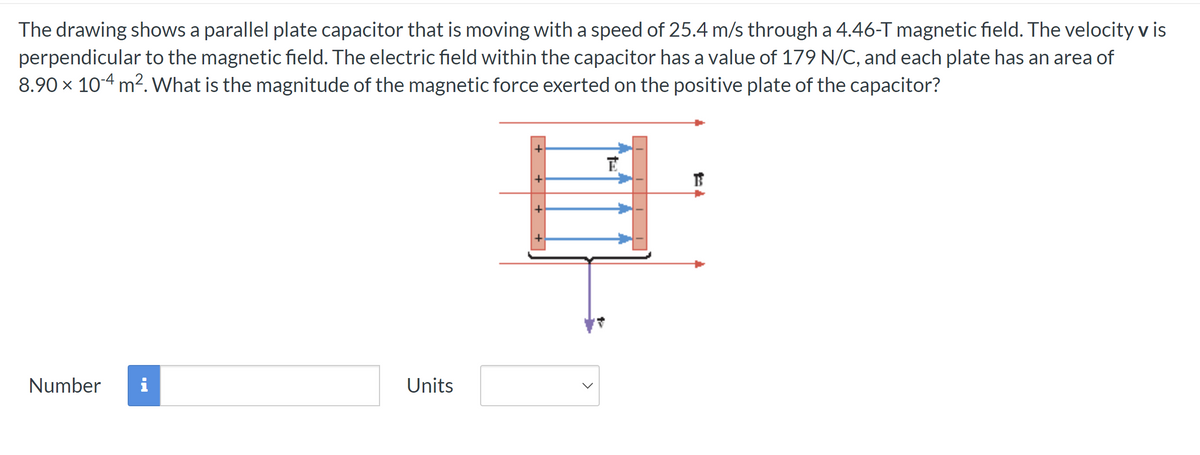 The drawing shows a parallel plate capacitor that is moving with a speed of 25.4 m/s through a 4.46-T magnetic field. The velocity v is
perpendicular to the magnetic field. The electric field within the capacitor has a value of 179 N/C, and each plate has an area of
8.90 x 10-4 m². What is the magnitude of the magnetic force exerted on the positive plate of the capacitor?
Number i
Units
E