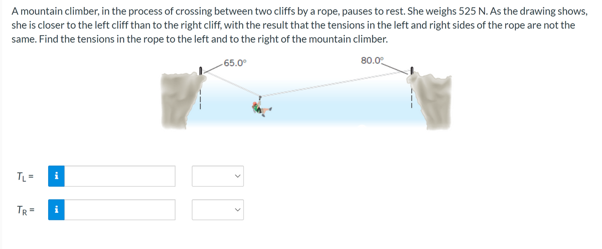 A mountain climber, in the process of crossing between two cliffs by a rope, pauses to rest. She weighs 525 N. As the drawing shows,
she is closer to the left cliff than to the right cliff, with the result that the tensions in the left and right sides of the rope are not the
same. Find the tensions in the rope to the left and to the right of the mountain climber.
80.0⁰
TL =
TR=
Mi
i
-65.0⁰
18
<
<
|