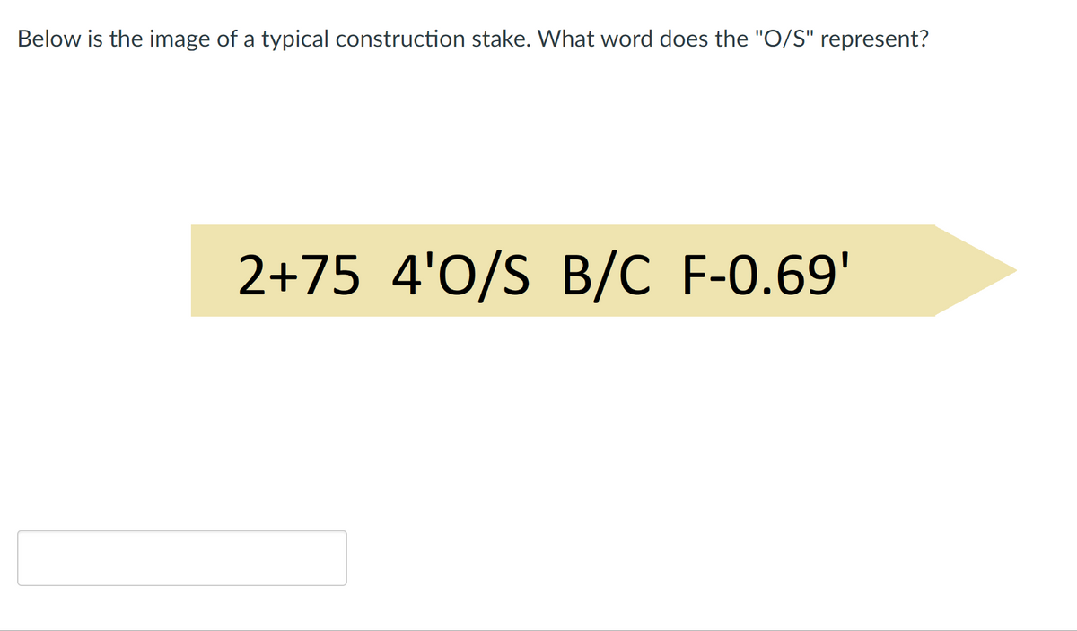 Below is the image of a typical construction stake. What word does the "O/S" represent?
2+75 4'0/S B/C F-0.69'