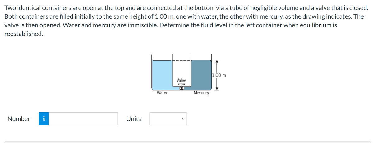 Two identical containers are open at the top and are connected at the bottom via a tube of negligible volume and a valve that is closed.
Both containers are filled initially to the same height of 1.00 m, one with water, the other with mercury, as the drawing indicates. The
valve is then opened. Water and mercury are immiscible. Determine the fluid level in the left container when equilibrium is
reestablished.
Number
Units
Water
Valve
Mercury
1.00 m