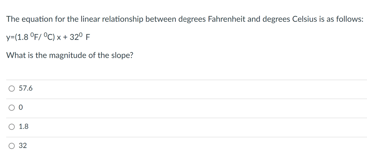 The equation for the linear relationship between degrees Fahrenheit and degrees Celsius is as follows:
y=(1.8 °F/ °C) x + 32⁰ F
What is the magnitude of the slope?
O 57.6
1.8
32