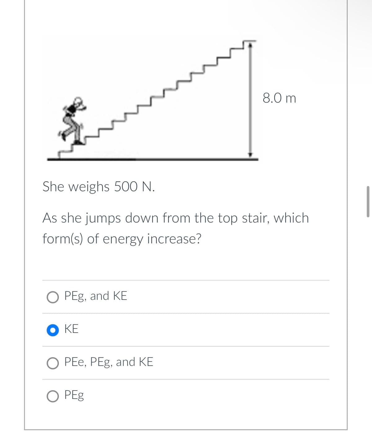 She weighs 500 N.
As she jumps down from the top stair, which
form(s) of energy increase?
O PEg, and KE
Ο ΚΕ
O PEe, PEg, and KE
8.0 m
O PEg