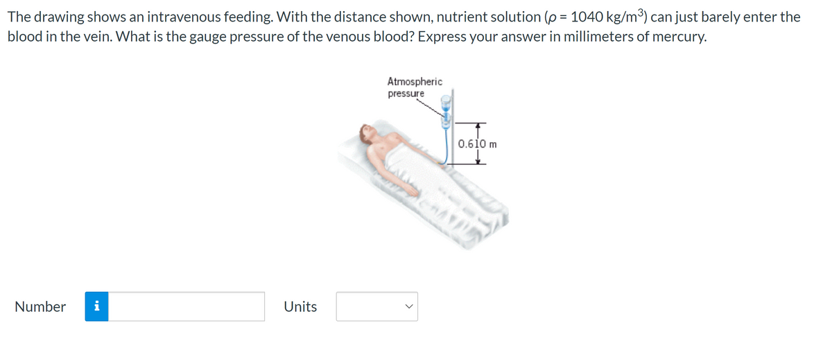 The drawing shows an intravenous feeding. With the distance shown, nutrient solution (p = 1040 kg/m³) can just barely enter the
blood in the vein. What is the gauge pressure of the venous blood? Express your answer in millimeters of mercury.
Number i
Units
Atmospheric
pressure
>
en
0.610 m
