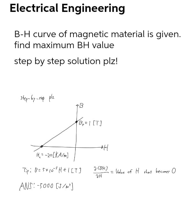 Electrical Engineering
B-H curve of magnetic material is given.
find maximum BH value
step by step solution plz!
Step-by step plz
H.=-20[KA/m]
Tip: B=5x(0$H+I[T]
I CBH)
= Value of H that becomer O
ANS: -5000 [J/m']
