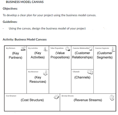 BUSINESS MODEL CANVAS
Objectives:
To develop a clear plan for your project using the business model canvas.
Guidelines:
Using the canvas, design the business model of your project
Activity: Business Model Canvass
Key Partners
(Key
Partners)
Cat Stecture
Key Activities
(Key
Activities)
Key Resources
(Key
Resources)
(Cost Structure)
Customer Relationship
(Value
(Customer
Propositions) Relationships)
Value Propositions
Reve Stream
(Channels)
(Customer
Segments)
(Revenue Streams)