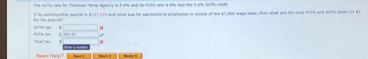 The SUTA rate for Thomson Temp Agency is 5.4% and Its FUTA rate is 6% less the 5.4% SUTA credit.
If its semimonthly payroll is $137,320 and none was for payments to employees in excess of the $7,000 wage base; then what are the total FUTA and SUTA taxes (in $)
for the payroll?
$823.92
SUTA tax
$
FUTA tax
Total tax
Need Help?
Enter a number.
Read It
Watch It
Master I