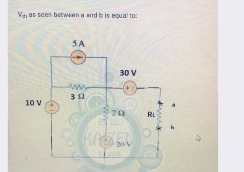 Vth as seen between a and b is equal to:
5A
30 V
www
+1
10 V
22
RL
20 V
