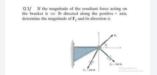 Q1/ If the magnitude of the resultant force acting on
the bracket is a50 lb directed along the positive x axis,
determine the magnitude of F, and its direction d.
