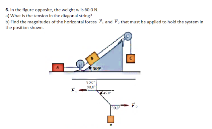 6. In the figure opposite, the weight w is 60.0 N.
a) What is the tension in the diagonal string?
b) Find the magnitudes of the horizontal forces F1 and F2 that must be applied to hold the system in
the position shown.
36.9
90.0
90.0
F1
90.0
F2
