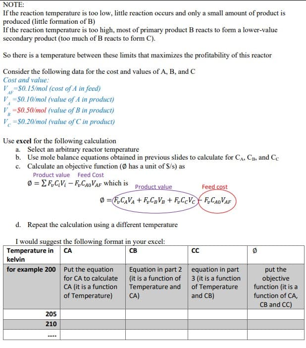 NOTE:
If the reaction temperature is too low, little reaction occurs and only a small amount of product is
produced (little formation of B)
If the reaction temperature is too high, most of primary product B reacts to form a lower-value
secondary product (too much of B reacts to form C).
So there is a temperature between these limits that maximizes the profitability of this reactor
Consider the following data for the cost and values of A, B, and C
Cost and value:
V=$0.15/mol (cost of A in feed)
AF
V=$0.10/mol (value of A in product)
V=$0.50/mol (value of B in product)
V=$0.20/mol (value of C in product)
A
B
Use excel for the following calculation
a. Select an arbitrary reactor temperature
b. Use mole balance equations obtained in previous slides to calculate for CA, CB, and Cc
c. Calculate an objective function (Ø has a unit of $/s) as
Product value Feed Cost
Ø-EF₂C₁V₁-F₂CAOVAF which is
d. Repeat the calculation using a different temperature
I would suggest the following format in your excel:
Temperature in CA
CB
kelvin
for example 200
205
210
Product value
Feed cost
@ =FuCV+FCBVB+FCcVct FyCaoVAF
***
Put the equation
for CA to calculate
CA (it is a function
of Temperature)
Equation in part 2
(it is a function of
Temperature and
CA)
CC
equation in part
3 (it is a function
of Temperature
and CB)
put the
objective
function (it is a
function of CA,
CB and CC)