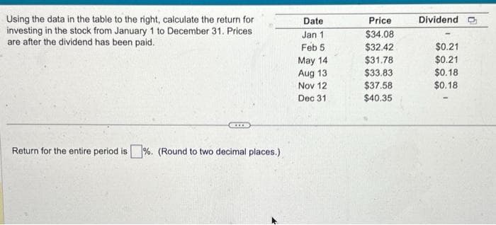Using the data in the table to the right, calculate the return for
investing in the stock from January 1 to December 31. Prices
are after the dividend has been paid.
I
Return for the entire period is%. (Round to two decimal places.)
Date
Jan 1
Feb 5
May 14
Aug 13
Nov 12
Dec 31
Price
$34.08
$32.42
$31.78
$33.83
$37.58
$40.35
Dividend
$0.21
$0.21
$0.18
$0.18