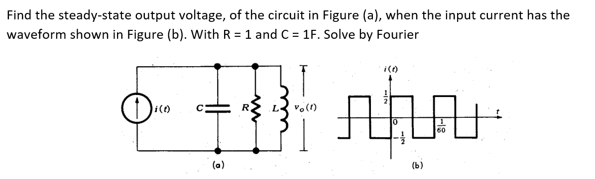 Find the steady-state output voltage, of the circuit in Figure (a), when the input current has the
waveform shown in Figure (b). With R = 1 and C = 1F. Solve by Fourier
i(t)
43
(a)
vo(1)
i(t)
를
.
60
(b)
中