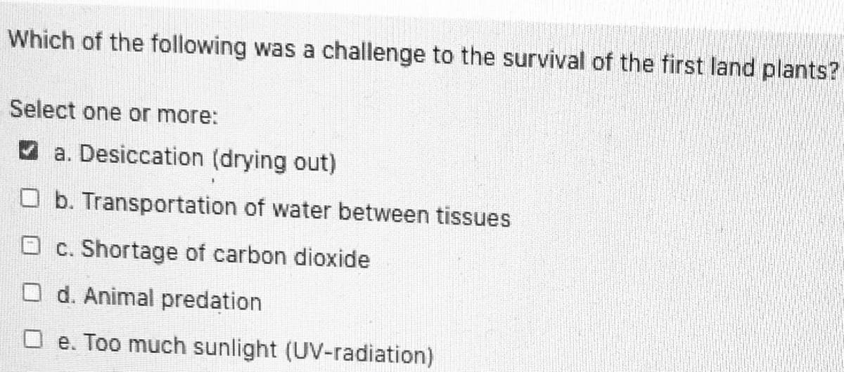 Which of the following was a challenge to the survival of the first land plants?
Select one or more:
O a. Desiccation (drying out)
O b. Transportation of water between tissues
O c. Shortage of carbon dioxide
d. Animal predation
O e. Too much sunlight (UV-radiation)

