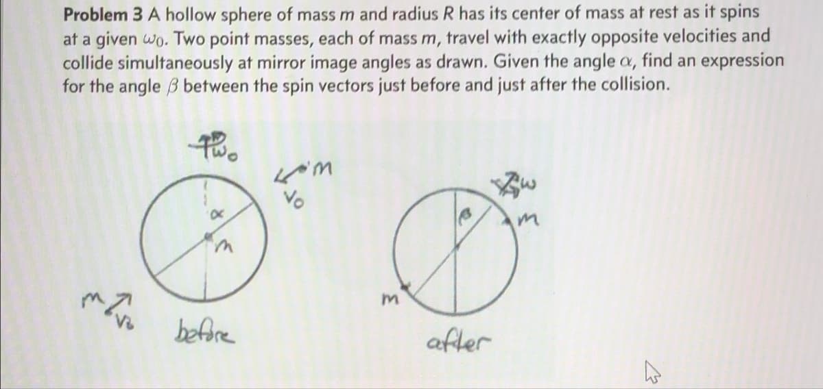 Problem 3 A hollow sphere of mass m and radius R has its center of mass at rest as it spins
at a given wo. Two point masses, each of mass m, travel with exactly opposite velocities and
collide simultaneously at mirror image angles as drawn. Given the angle a, find an expression
for the angle between the spin vectors just before and just after the collision.
Two
mZv
8
before
Lom
%
m
Zw
after