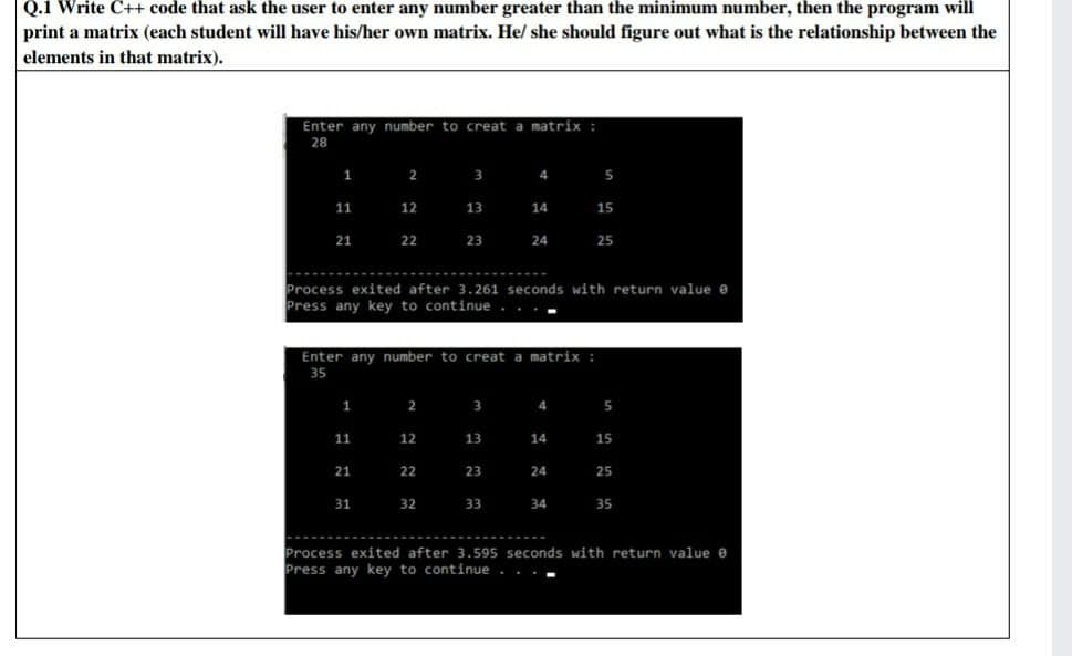 Q.1 Write C++ code that ask the user to enter any number greater than the minimum number, then the program will
print a matrix (each student will have his/her own matrix. He/ she should figure out what is the relationship between the
elements in that matrix).
Enter any number to creat a matrix :
28
1
11
21
1
11
2
21
12
31
22
2
Enter any number to creat a matrix :
35
12
3
22
13
Process exited after 3.261 seconds with return value e
Press any key to continue
32
23
3
13
4
23
14
33
24
4
14
24
5
34
15
25
5
15
25
35
Process exited after 3.595 seconds with return value e
Press any key to continue