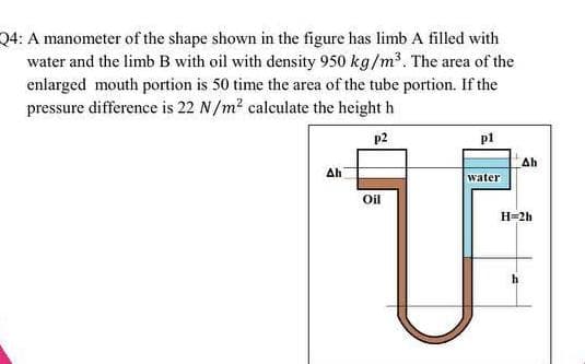 Q4: A manometer of the shape shown in the figure has limb A filled with
water and the limb B with oil with density 950 kg/m³. The area of the
enlarged mouth portion is 50 time the area of the tube portion. If the
pressure difference is 22 N/m² calculate the height h
p2
p1
Ah
water
Oil
ΔΗ
H=2h