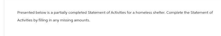 Presented below is a partially completed Statement of Activities for a homeless shelter. Complete the Statement of
Activities by filling in any missing amounts.