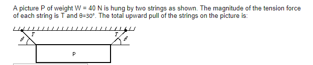 A picture P of weight W = 40 N is hung by two strings as shown. The magnitude of the tension force
of each string is T and 0=30°. The total upward pull of the strings on the picture is:
