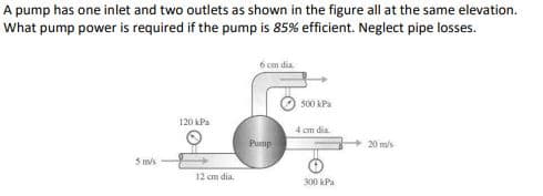 A pump has one inlet and two outlets as shown in the figure all at the same elevation.
What pump power is required if the pump is 85% efficient. Neglect pipe losses.
5 m/s
120 kPa
12 cm dia.
6 cm dia
Pump
500 kPa
4 cm dia.
300 kPa
20 m/s
