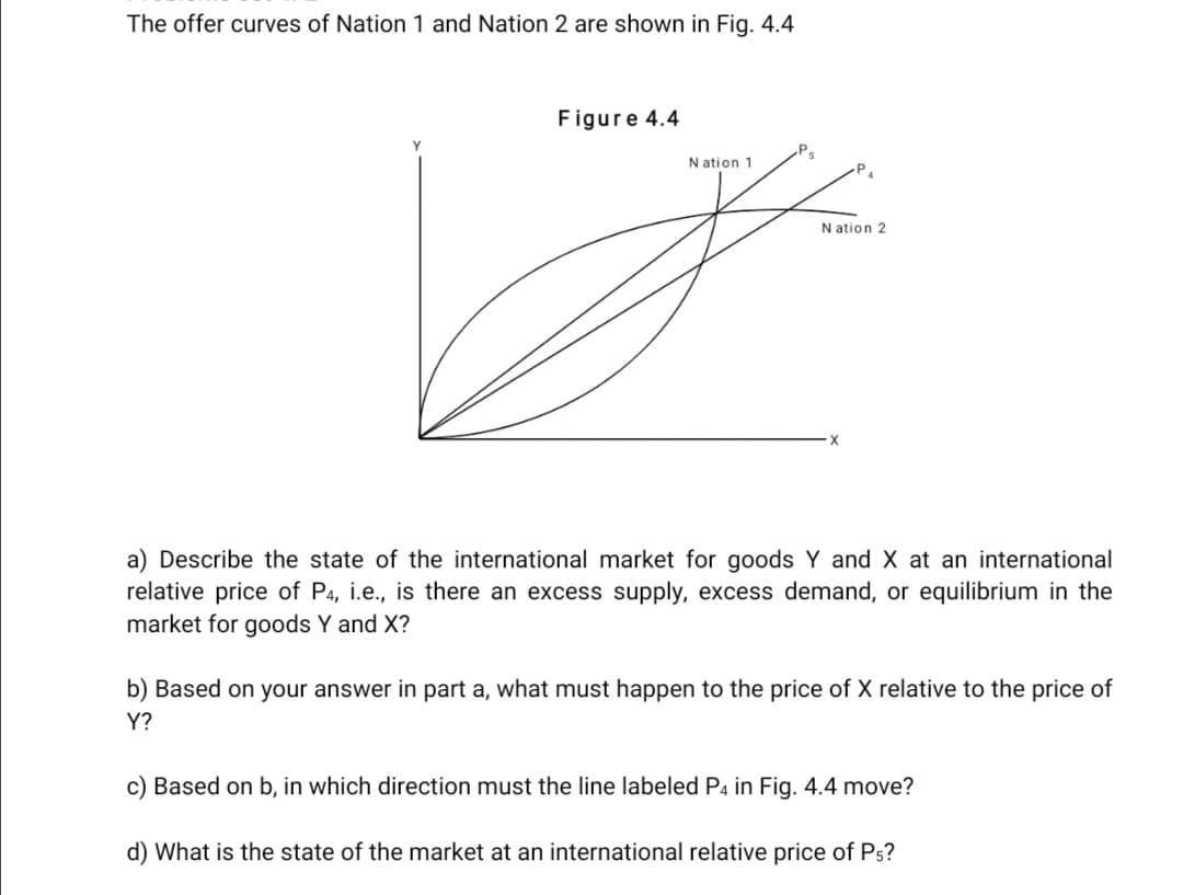 The offer curves of Nation 1 and Nation 2 are shown in Fig. 4.4
Figure 4.4
N ation 1
N ation 2
a) Describe the state of the international market for goods Y and X at an international
relative price of P4, i.e., is there an excess supply, excess demand, or equilibrium in the
market for goods Y and X?
b) Based on your answer in part a, what must happen to the price of X relative to the price of
Y?
c) Based on b, in which direction must the line labeled P4 in Fig. 4.4 move?
d) What is the state of the market at an international relative price of Ps?
