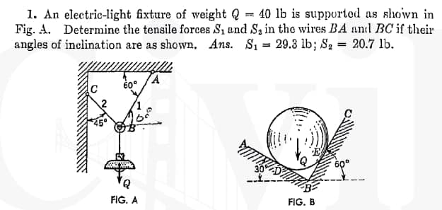 1. An electric-light fixture of weight Q = 40 lb is supported as shown in
Fig. A. Determine the tensile forces S1 and S, in the wires BA and BC if their
angles of inclination are as shown, Ans. S1 = 29.3 lb; S2 = 20.7 lb.
60°
C
2
1
FIG. A
FIG. B
