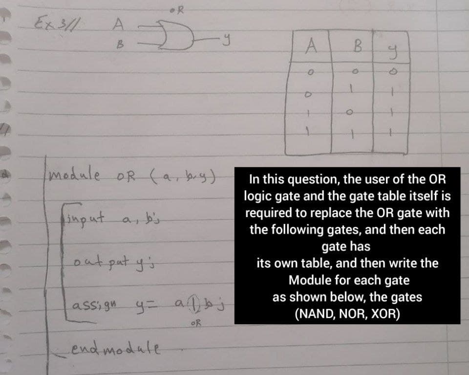 oR
A.
A.
B.
Imedule OR (a, buyt
In this question, the user of the OR
logic gate and the gate table itself is
required to replace the OR gate with
the following gates, and then each
input a, b's
gate has
its own table, and then write the
Module for each gate
as shown below, the gates
(NAND, NOR, XOR)
out pat y's
assign
oR
end module
