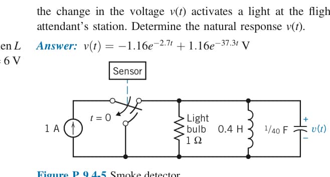 the change in the voltage v(t) activates a light at the fligh
attendant's station. Determine the natural response v(t).
en L
6 V
Answer: v(t) = -1.16e-2.7t + 1.16e-37.31 V
%3D
Sensor
t = 0
Light
bulb
10
1 A (1
0.4 H
1/40 F
v(t)
Figure P 9 4.5 Smoke detector
