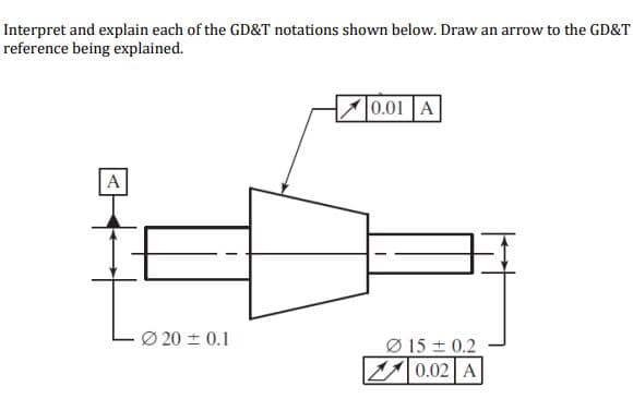 Interpret and explain each of the GD&T notations shown below. Draw an arrow to the GD&T
reference being explained.
A
Ø20 ± 0.1
0.01 A
31
Ø150.2
0.02 A