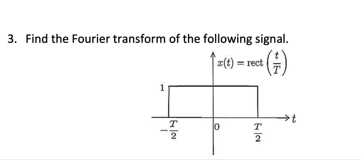 3. Find the Fourier transform of the following signal.
↑x(t)
(G)
T
T
2
O
= rect
T
2
4